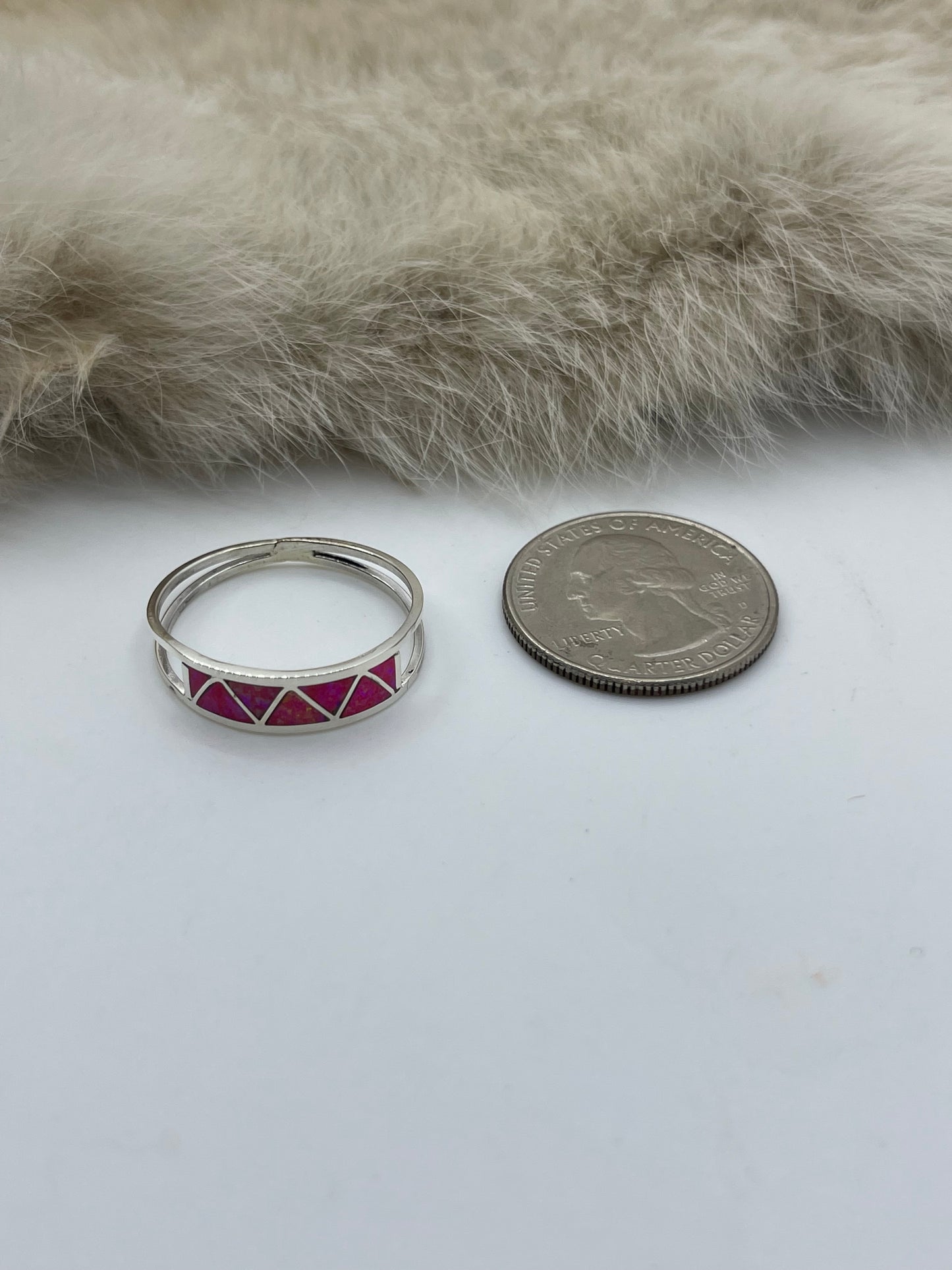 10.5 Hot Pink Opal Zigzag Inlay Band by Joann Peinas, Zuni