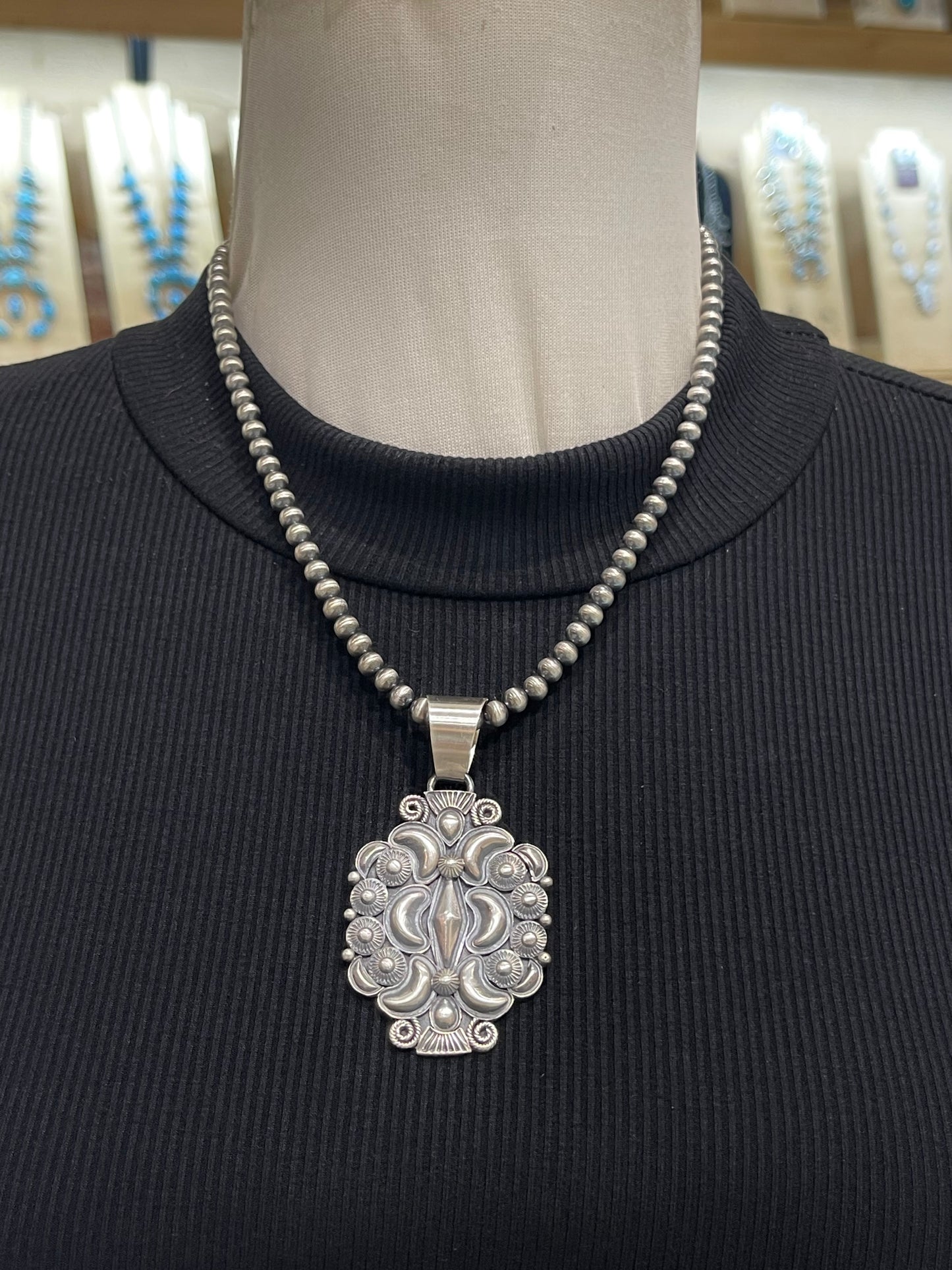 18" 5mm Navajo Style Pearls Silver Concho Pendant by Derrick Gordon, Navajo