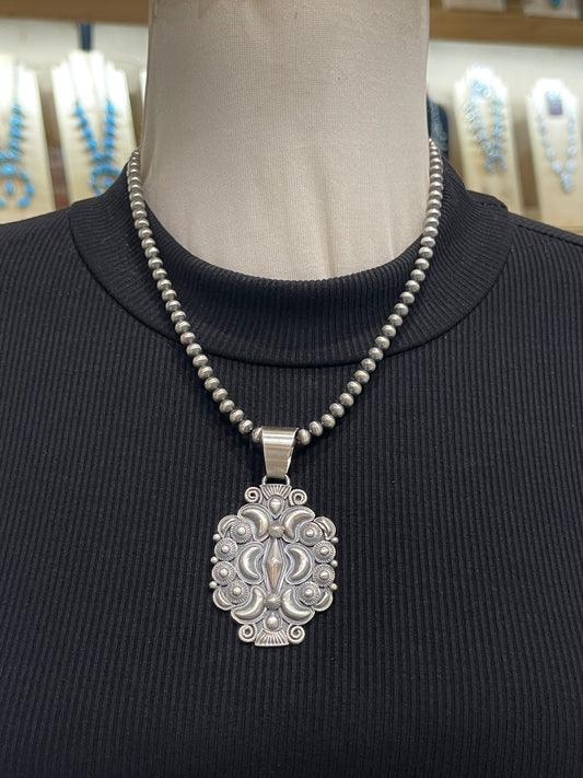18" 5mm Navajo Style Pearls Silver Concho Pendant by Derrick Gordon, Navajo