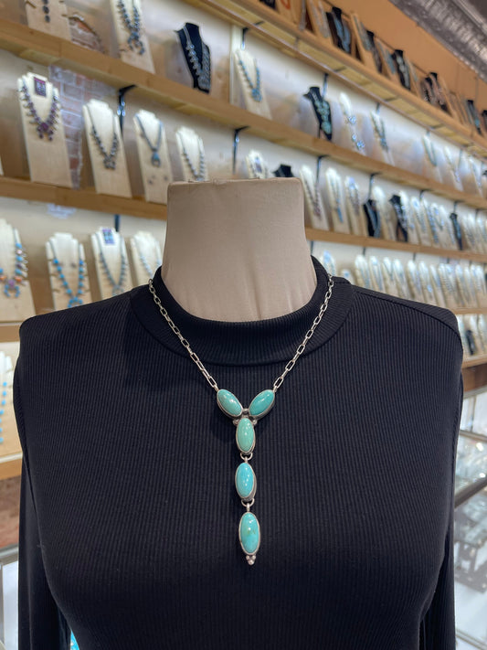 18” +3.5” 5 Stone Turquoise Lariat Necklace Stamp L by Artist