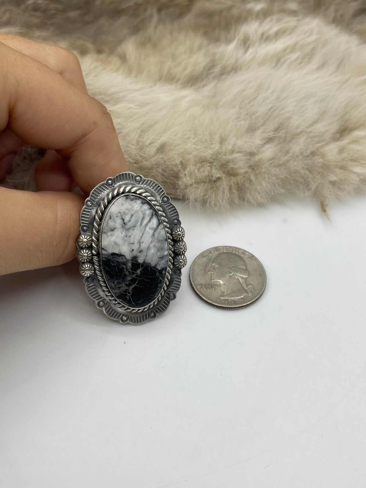 LOT 24 C 9/6 Adjustable 7.0-10.0 White Buffalo Ring with Stamped "L" by Artist