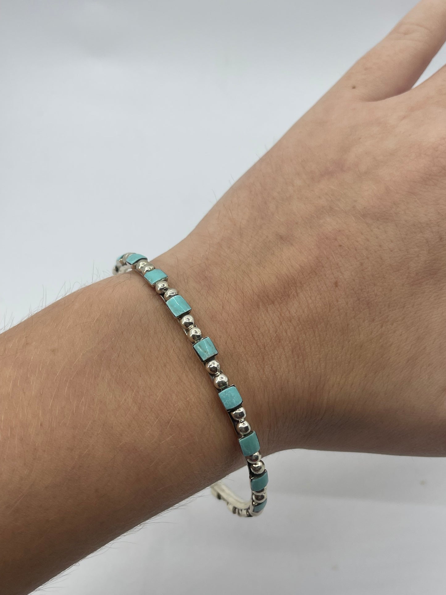 Bangle with Silver Dots and Square Turquoise by Sheena Jack, Navajo