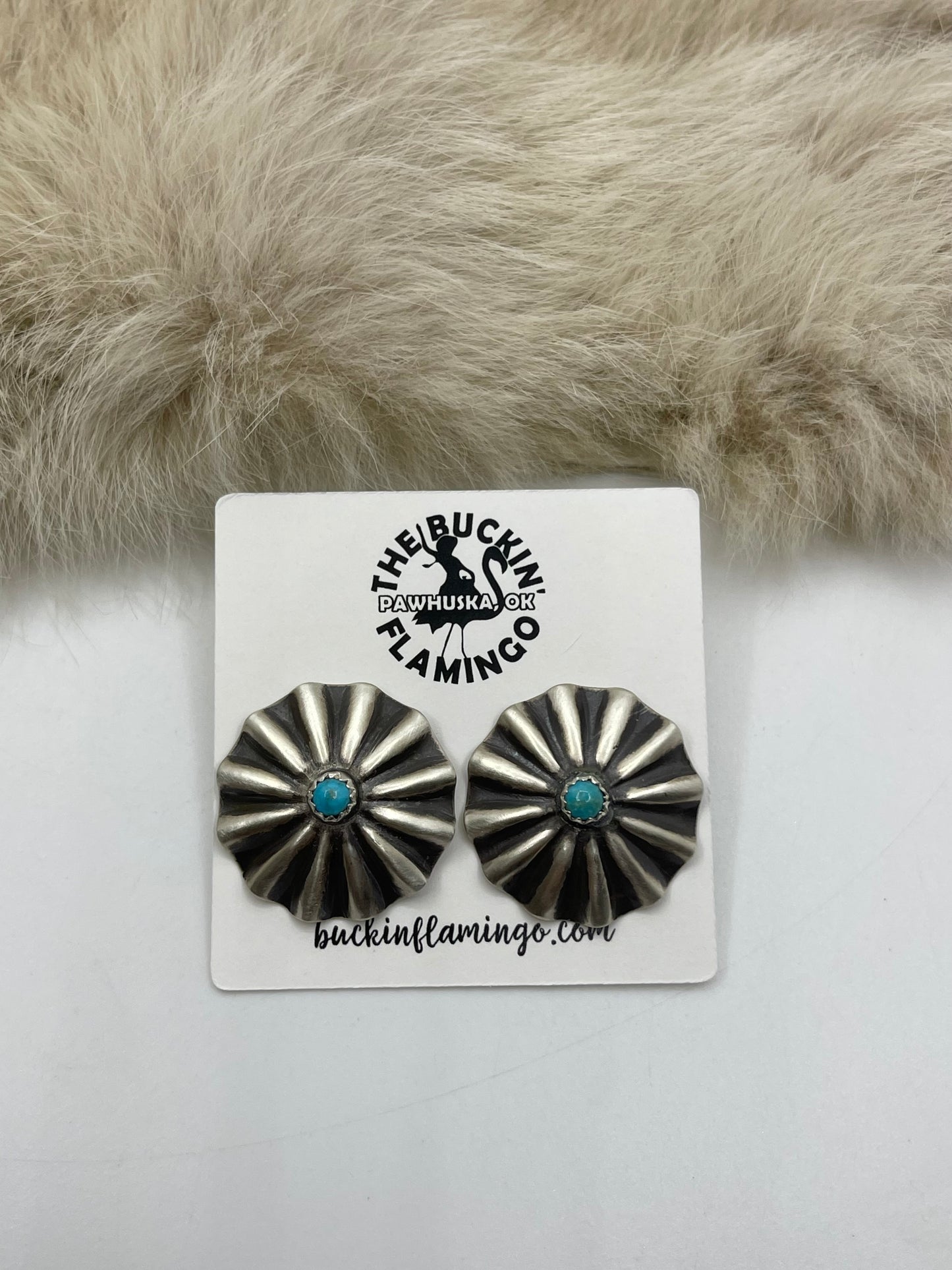 Ribbed Concho Post Earring with Turquoise by Arlene Soce, Navajo
