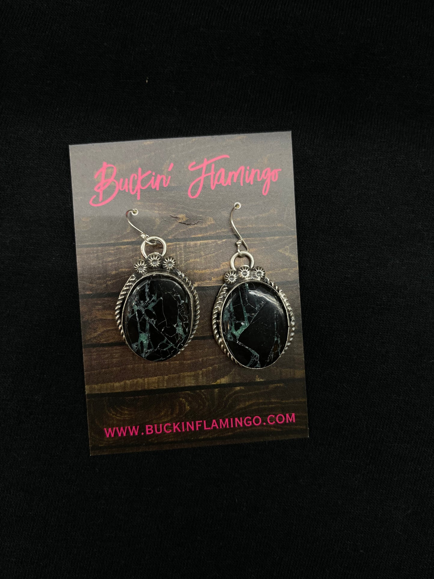 Black Buffalo Turquoise Circle Dangle Earrings by Boyd Ashley, Navajo