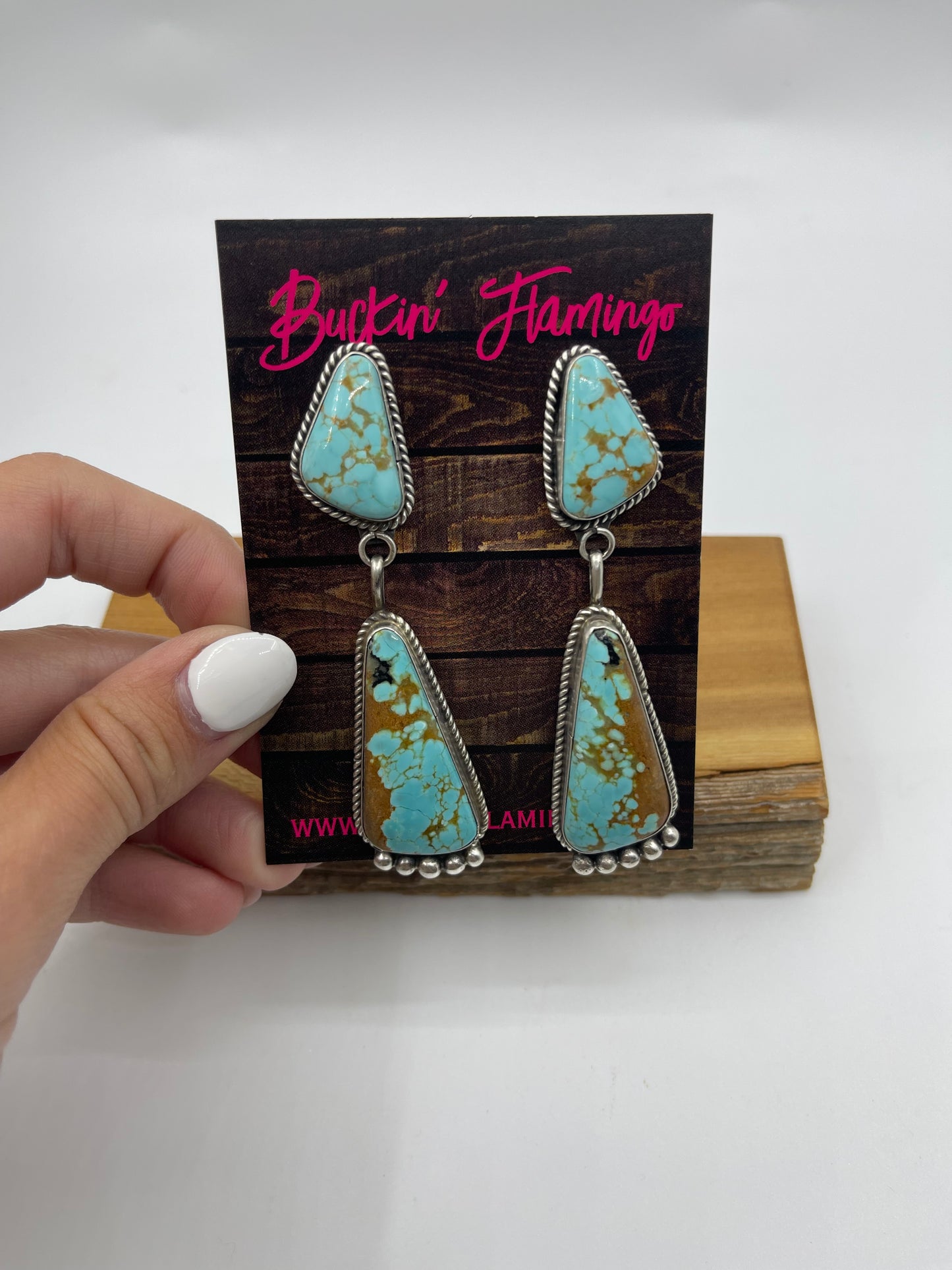 #8 Turquoise 2 Stone Post Dangle Earrings by Judith Dixon, Navajo