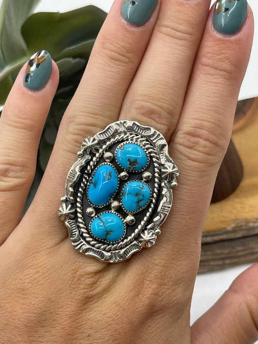 5.5 4 Stone Kingman Turquoise Cluster Ring by Harold Becenti, Navajo