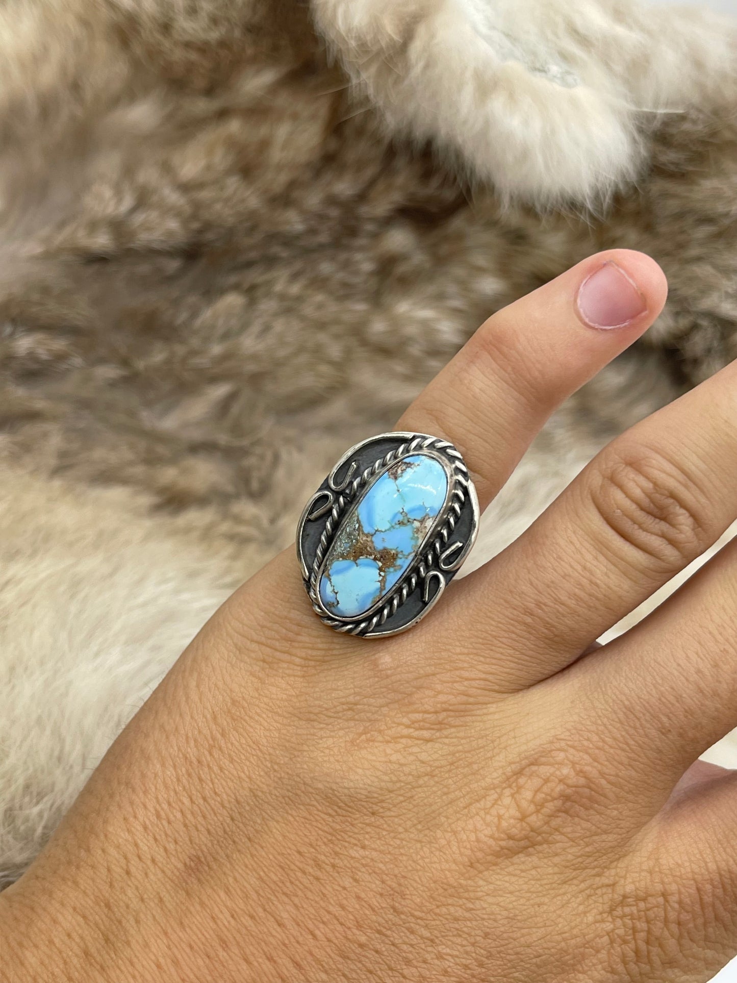 7.0 Golden Hills Turquoise Ring by Gilbert Nez, Navajo