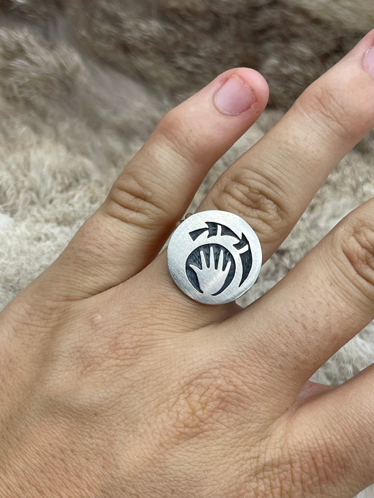 8.5 Silver Overlay Ring by Trinidad Lucas, Hopi