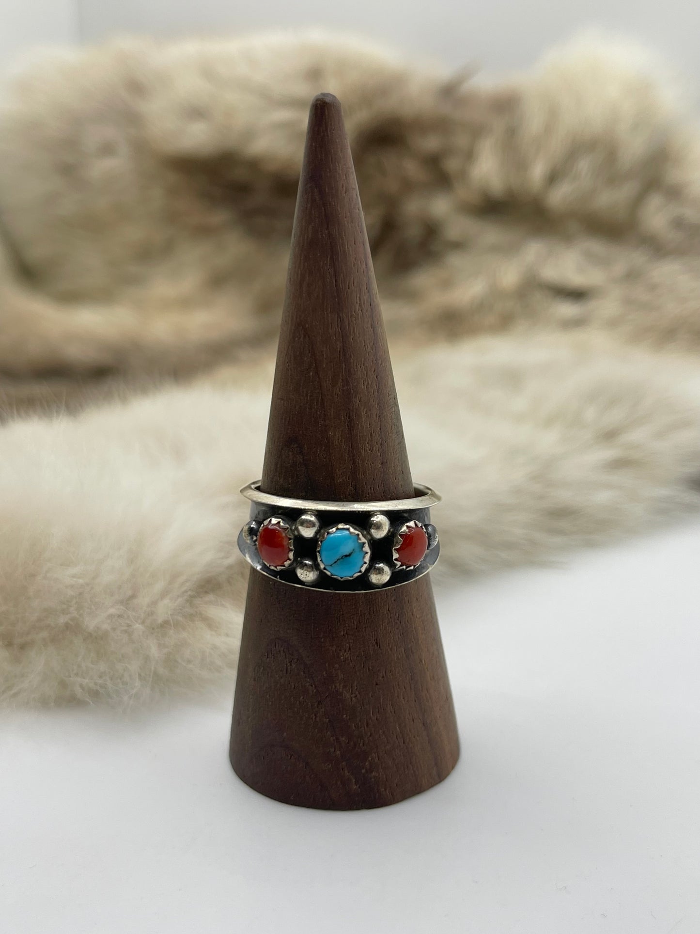 11.0 Red Coral & Blue Turquoise Ring, Navajo Made