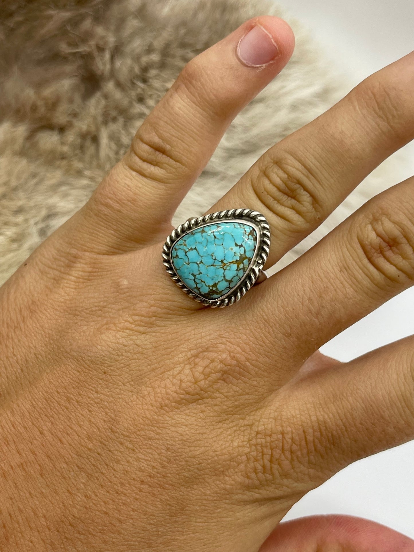 Adjustable 7.0-10.0 #8 Turquoise Ring by Larson Chee, Navajo