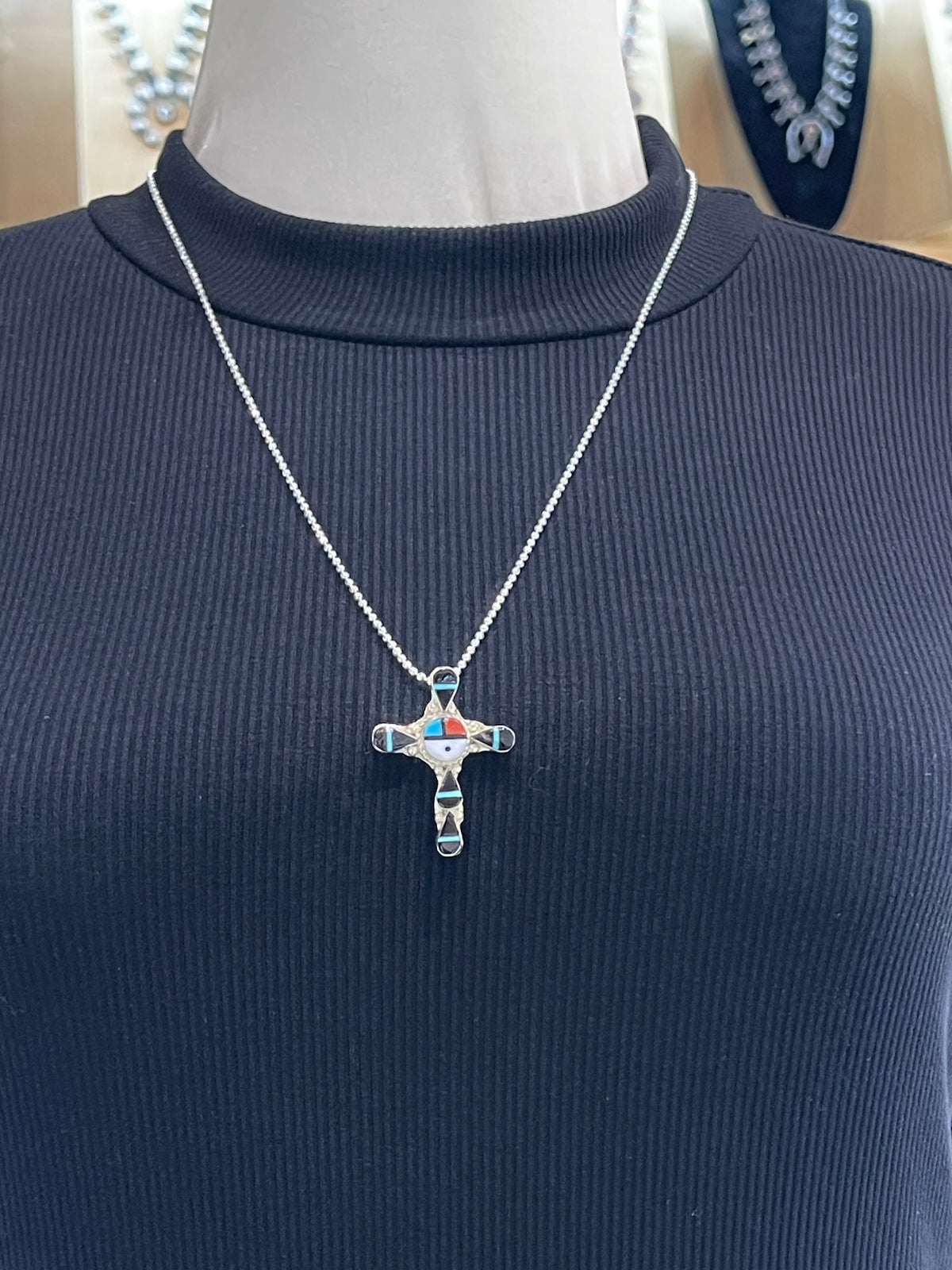 24" Necklace Inlay Sunface Cross Pendant by Clifton Bowannie, Zuni