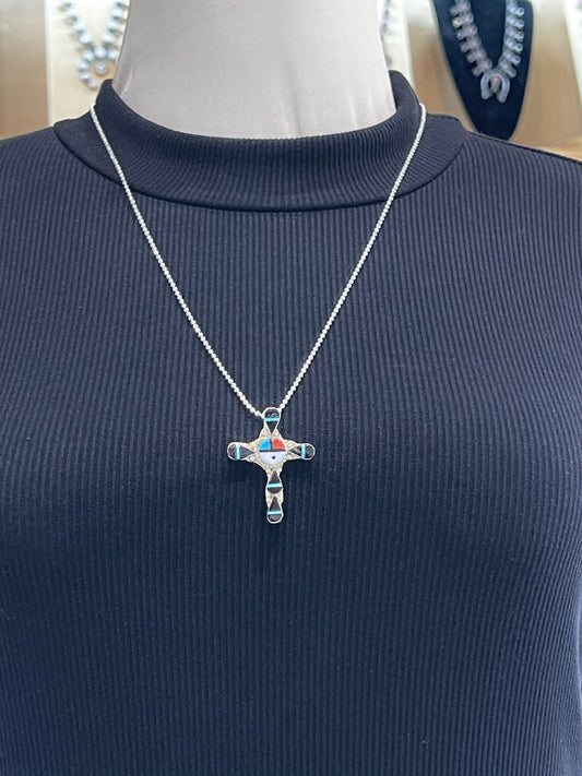 24" Necklace Inlay Sunface Cross Pendant by Clifton Bowannie, Zuni
