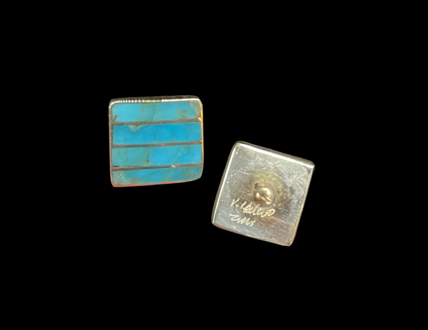 Square Post Turquoise Inlay Earrings by Viann Haloo, Zuni