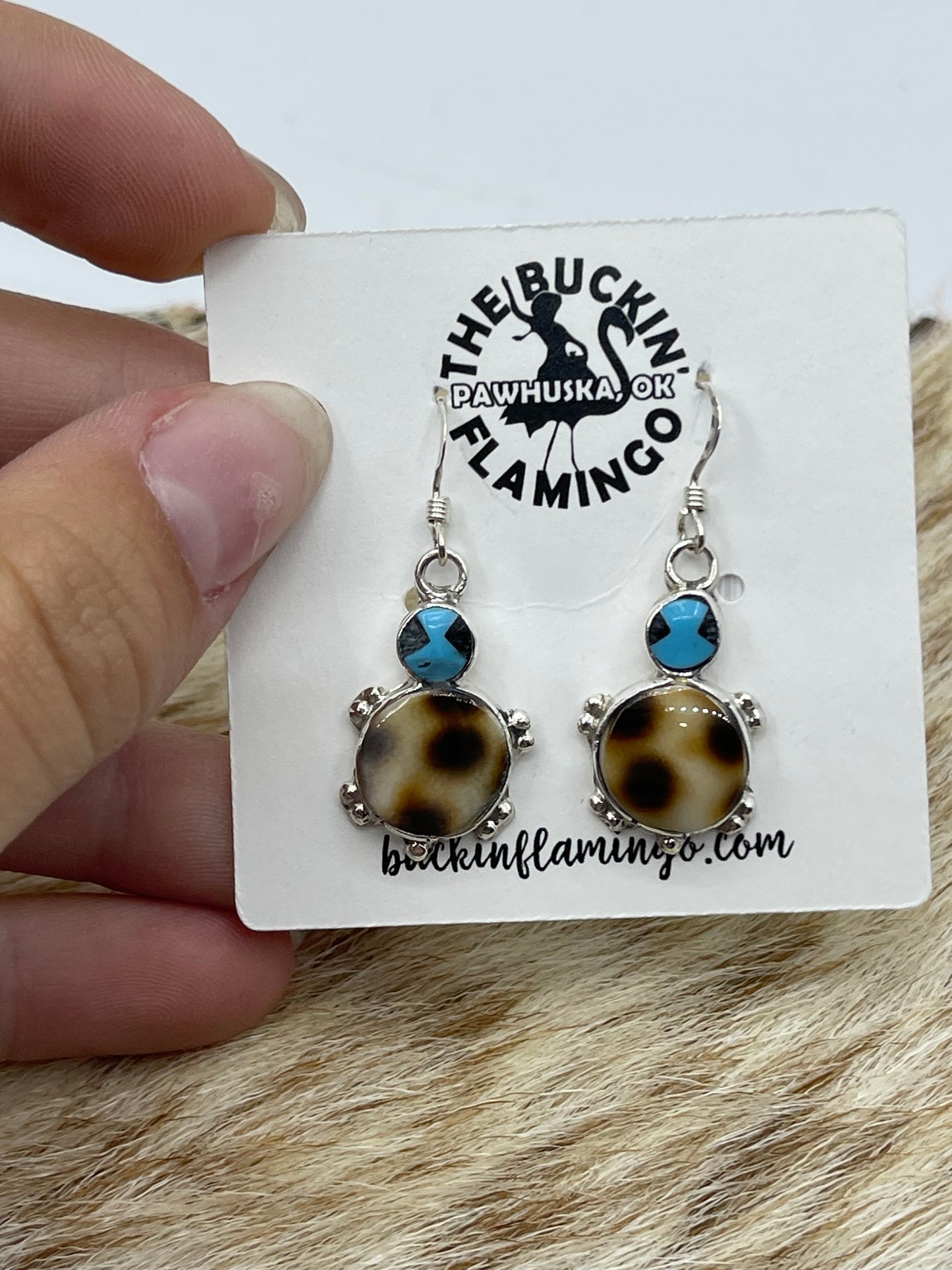 Turquoise and Turtle Shell Dangle Turtle Earrings by Kathryn Qualo, Zuni