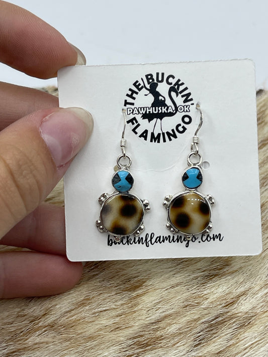Turquoise and Turtle Shell Dangle Turtle Earrings by Kathryn Qualo, Zuni