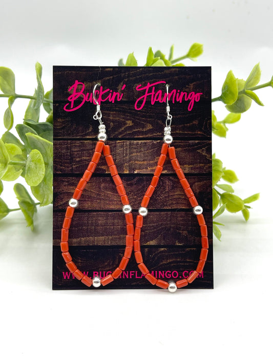 Red Coral Teardrop with Silver Beads Earrings