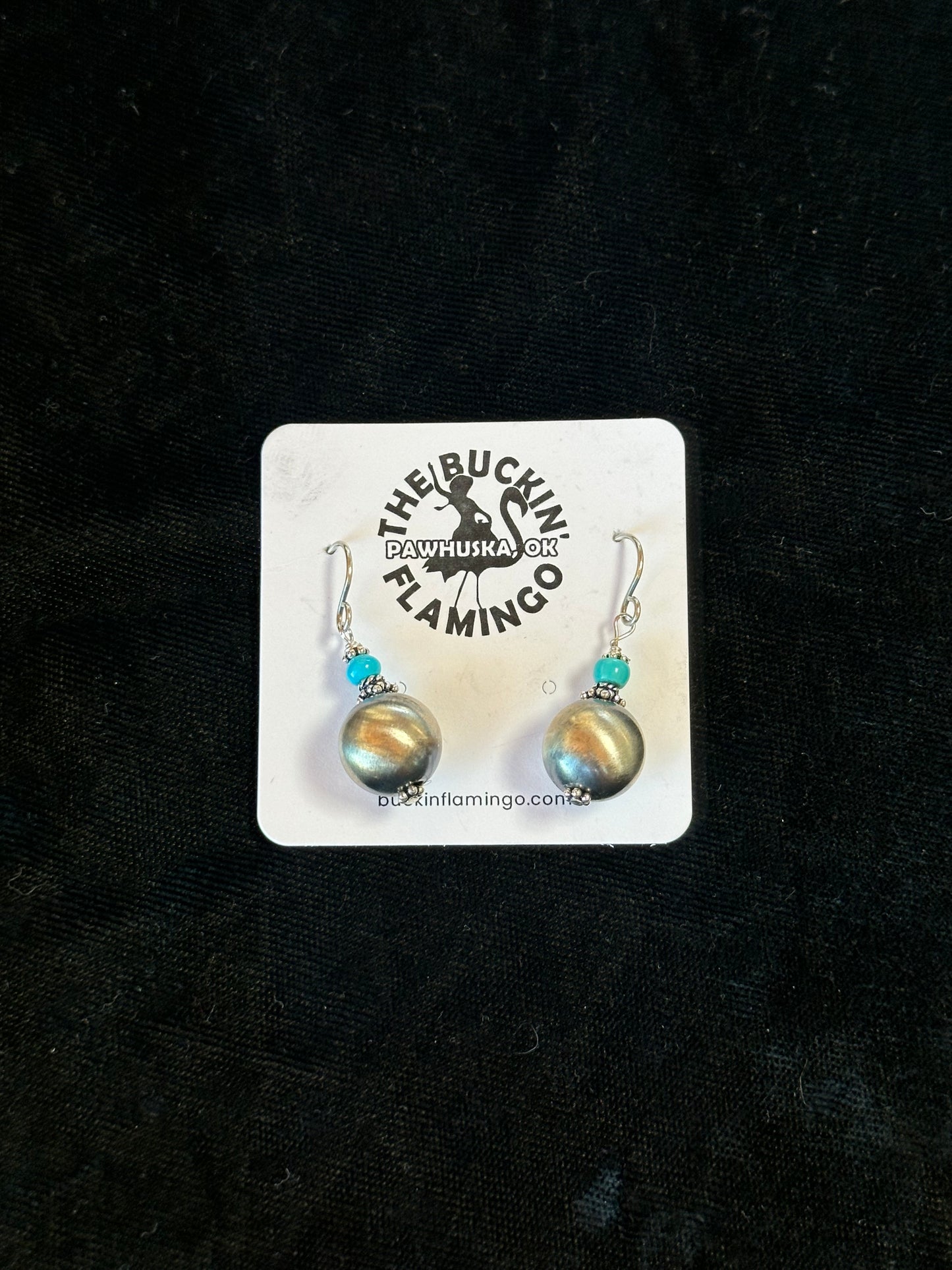 1” 12mm Navajo Pearl with Turquoise Nugget Dangle Earrings