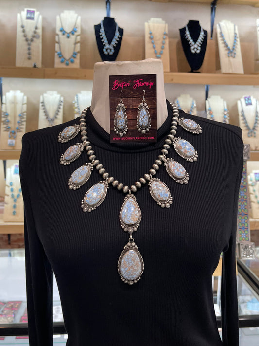 20" 9.5mm Golden Hills Turquoise Lariat Necklace & Earring Set by Tom Lewis, Navajo, Handmade Navajo Pearls 5” Drop