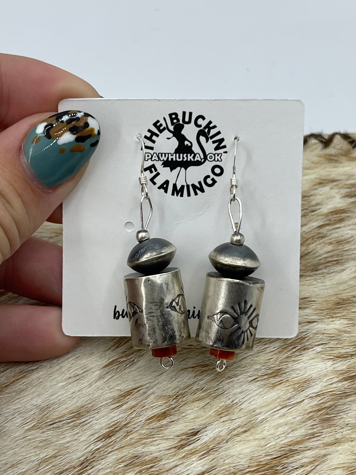 Handmade Red Spiny Barrel Navajo Pearl Beaded Dangle Earrings by Shelby Montoya, Navajo