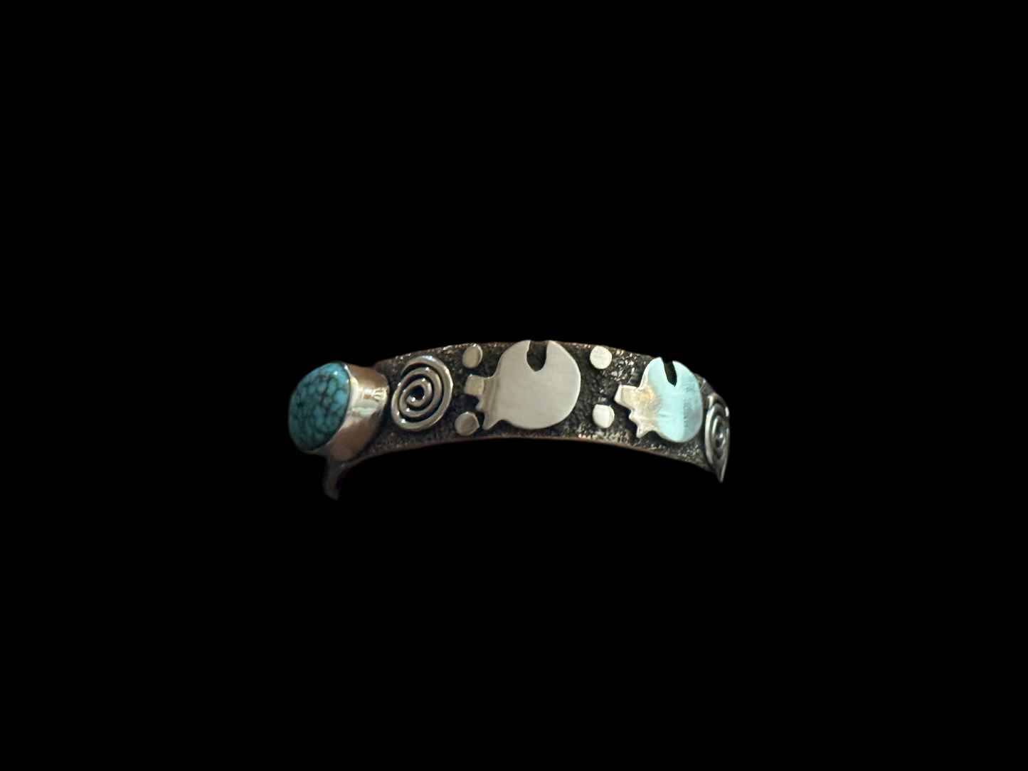 Petroglyph Cuff with Blue Kingman Web Turquoise by Alex Sanchez, Navajo (narrow)