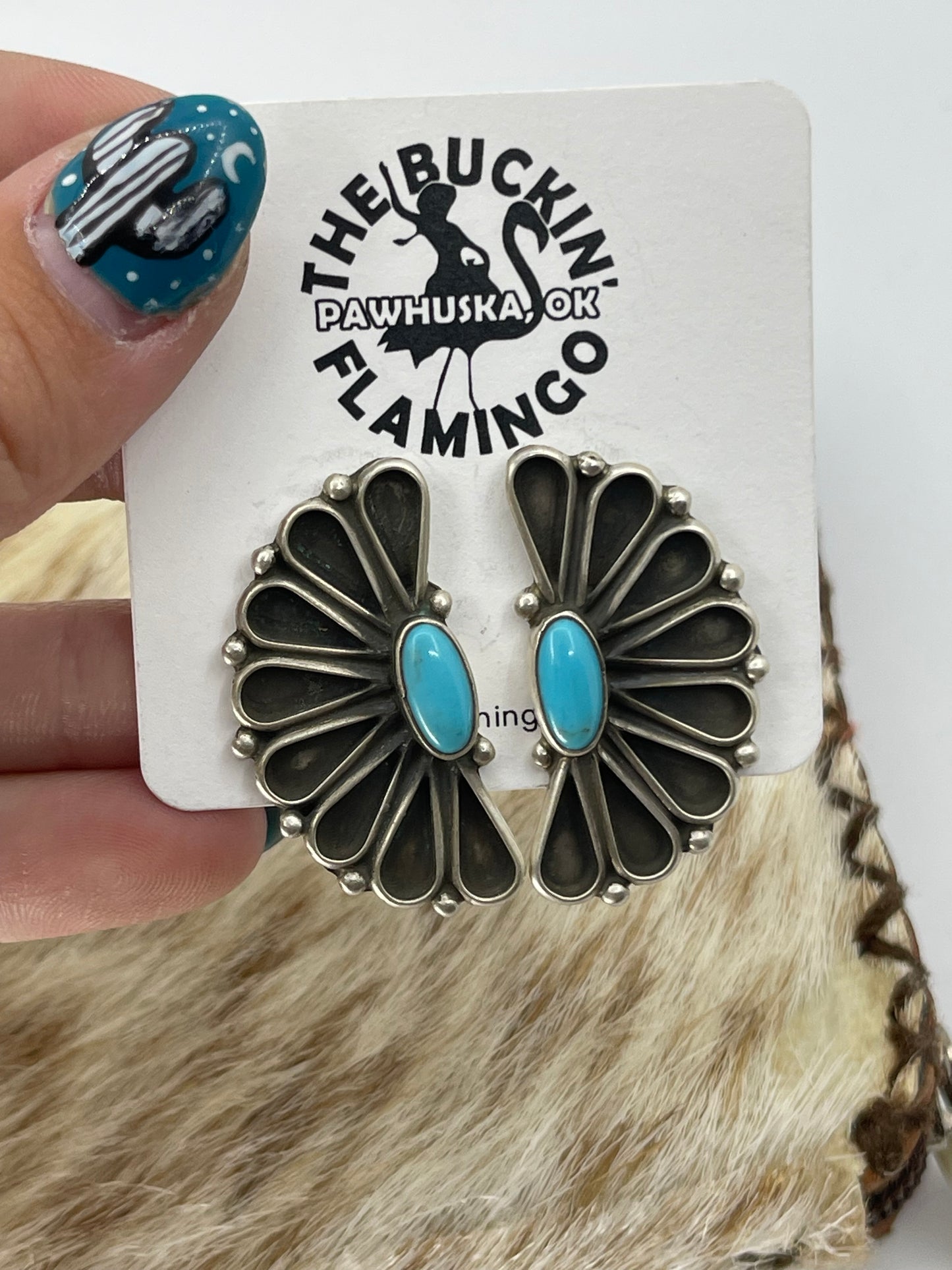 Kingman Turquoise Half "Fan" Post Earrings by Geraldine James, Navajos