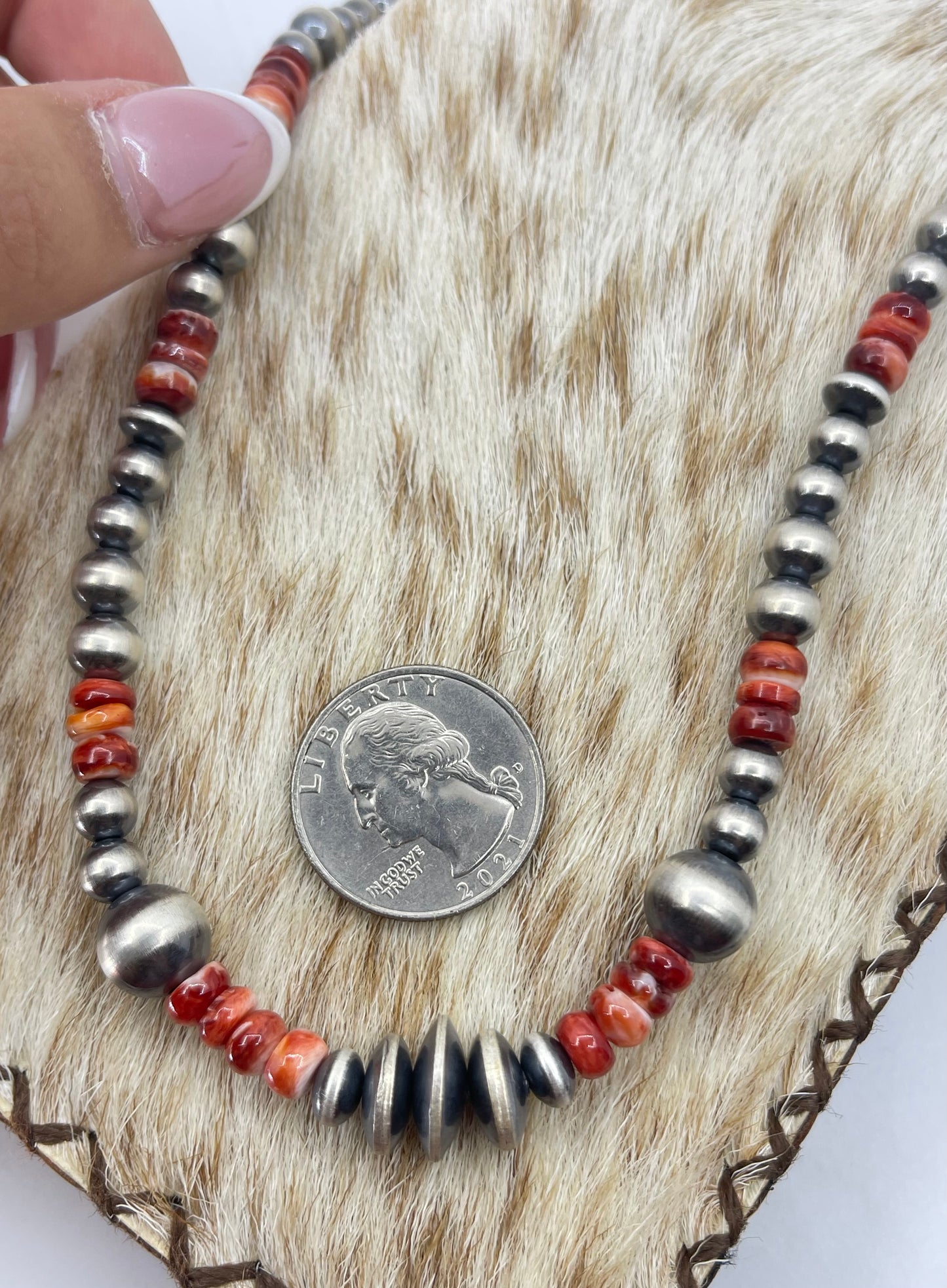 18"+2" Red Spiny Oyster Shell and Navajo Pearls Necklace