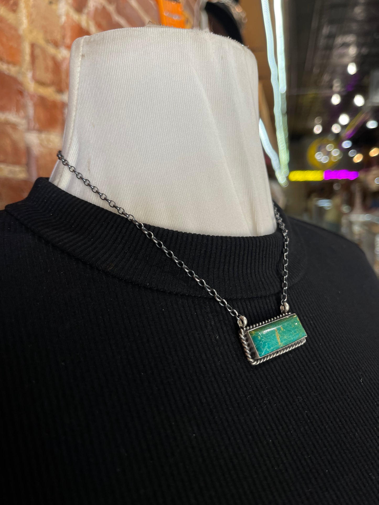 16" Dark Green Kingman Turquoise Bar Necklace by Johnny Dixon, Navajo