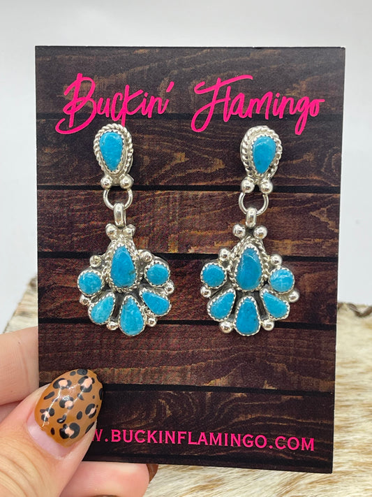 Blue Kingman Turquoise Post Dangle Cluster Earrings by Alicia Wilson, Navajo