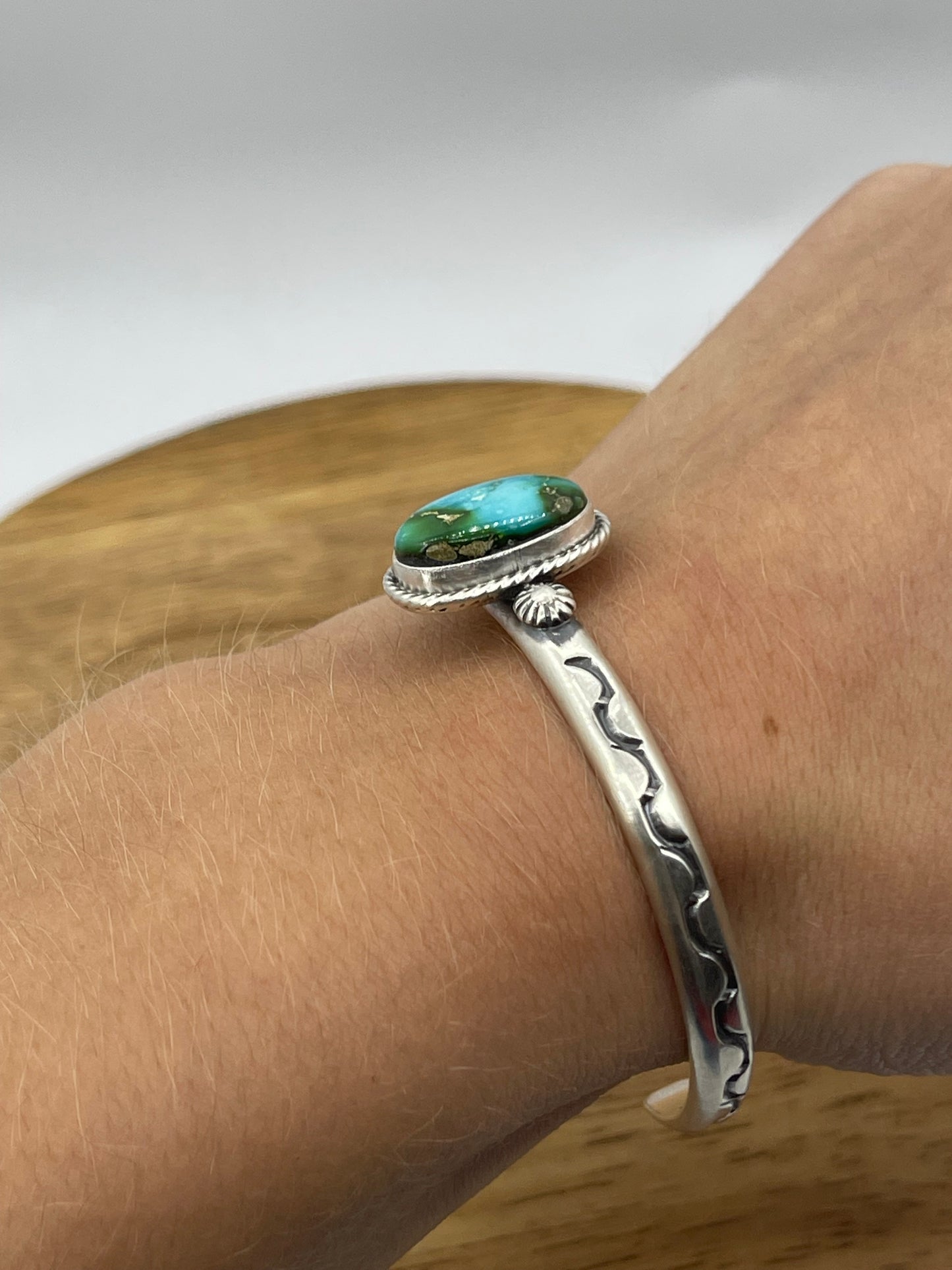 5.25" - 7" Sonoran Gold Turquoise Stamped Cuff by Samuel Yellowhair, Navajo