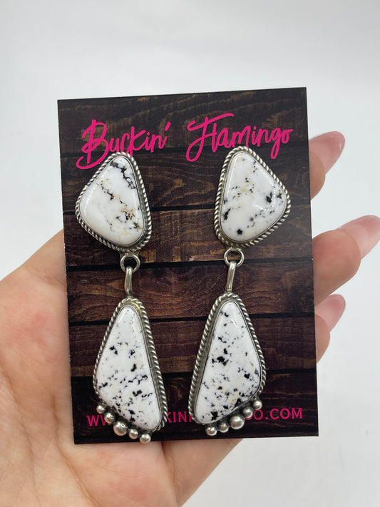 2 Stone White Buffalo Drop Dangle Post Earrings by Judith Dixon, Navajo