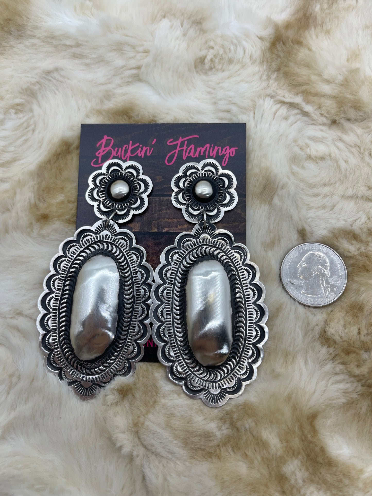 Oval Amazing Stamped Double Concho Earrings by Leander Tahe, Navajo