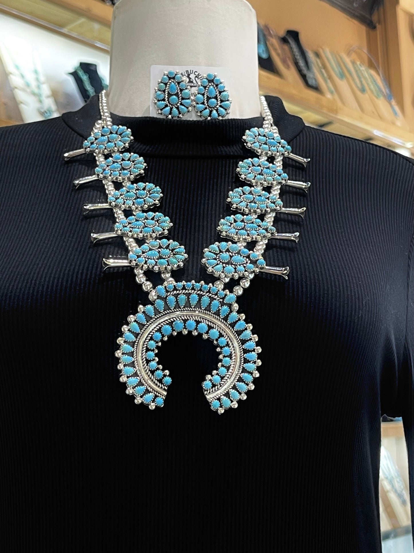24" Sleeping Beauty Squash Blossom Necklace & Earring Set
