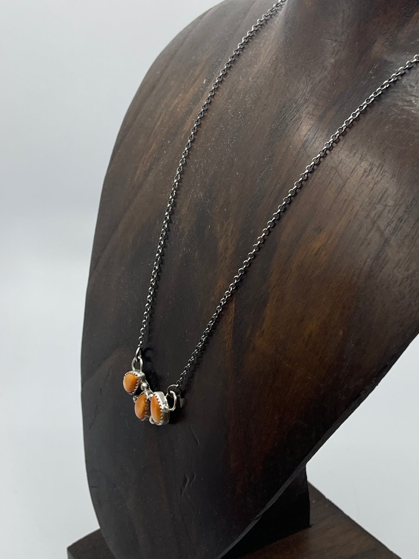 17" 3 Stone Orange Spiny Oyster Shell Necklace by Maxine Ramirez, Navajo