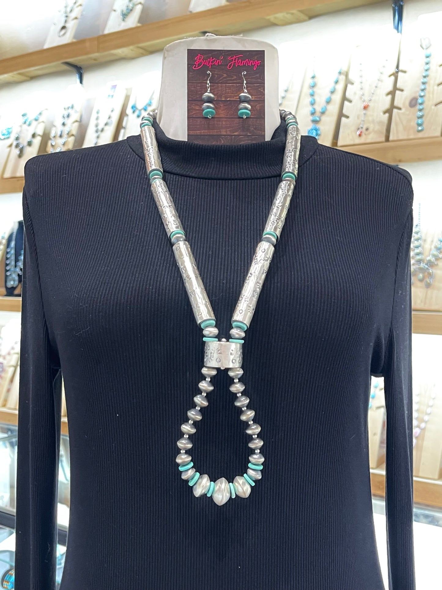 Handmade & Stamped Barrel Bead Navajo Pearls & Turquoise w/Jacla & Earrings by Kaylin Nakai, Navajo