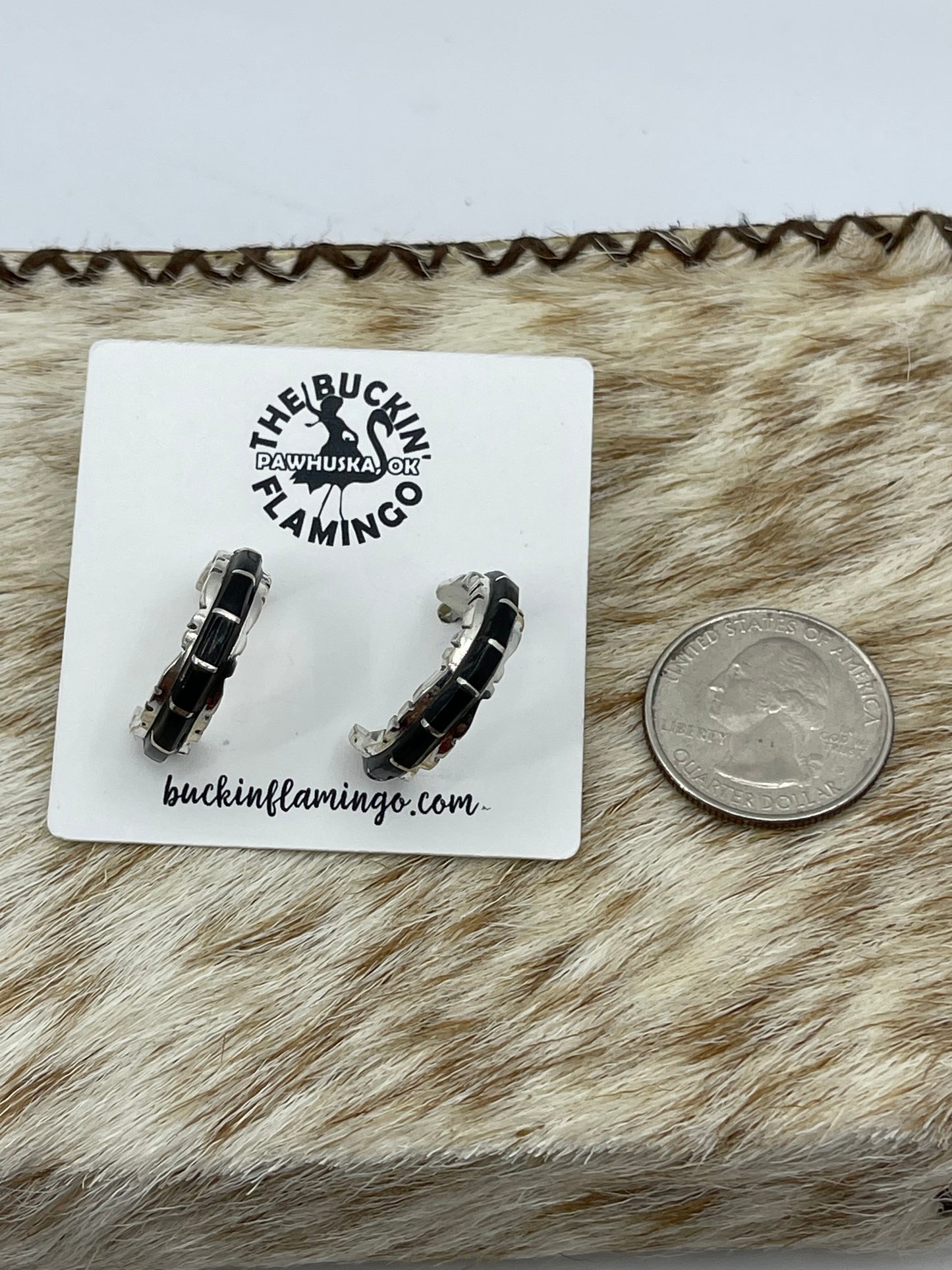 Black Onyx Post Hoop Earrings by Sheldon Lalio, Zuni
