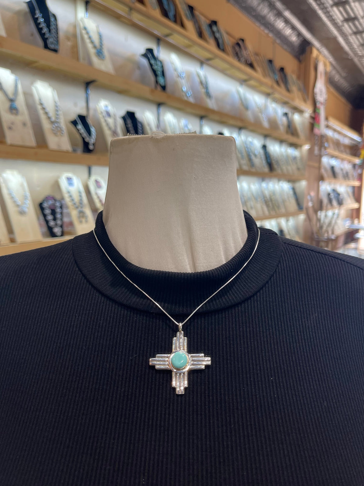 3.9mm Bail 18” Chain Golden Hills Turquoise Zia Symbol Pendant by Hiram Largo, Navajo