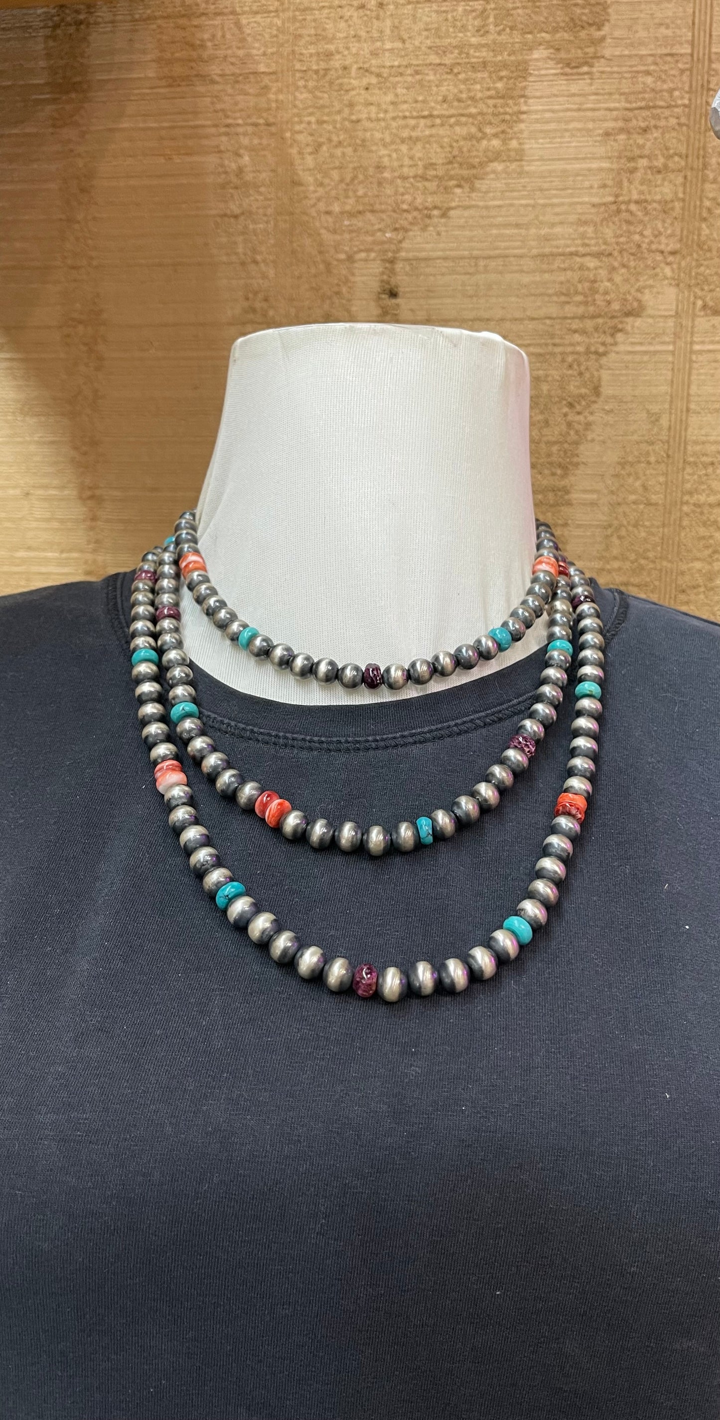 60" 8mm Navajo Pearls, Turquoise, and Spiny Oyster Shell Necklace