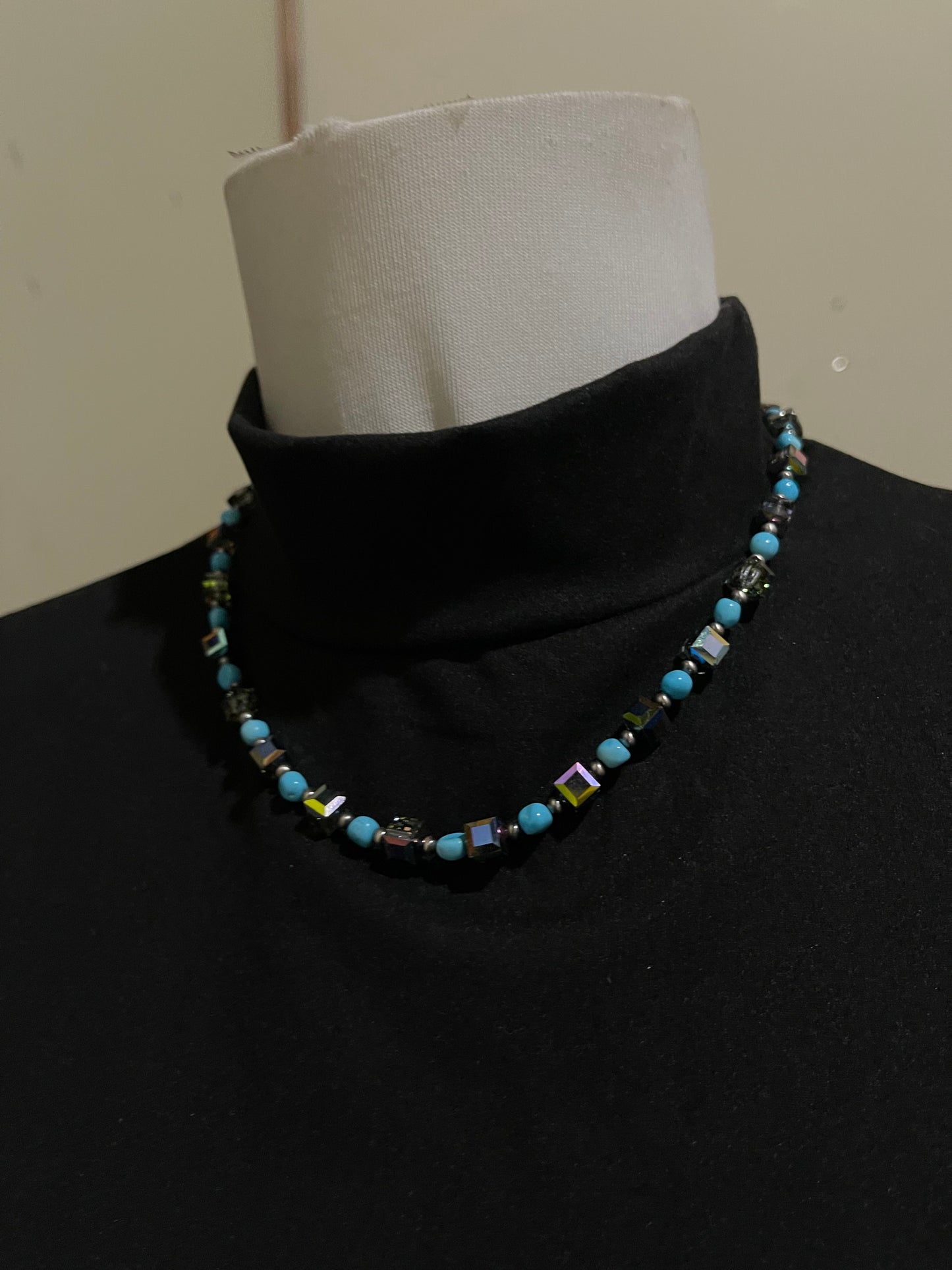 17" Sleeping Beauty Turquoise, 3mm Silver Beads, and Swarovski Crystal Necklace