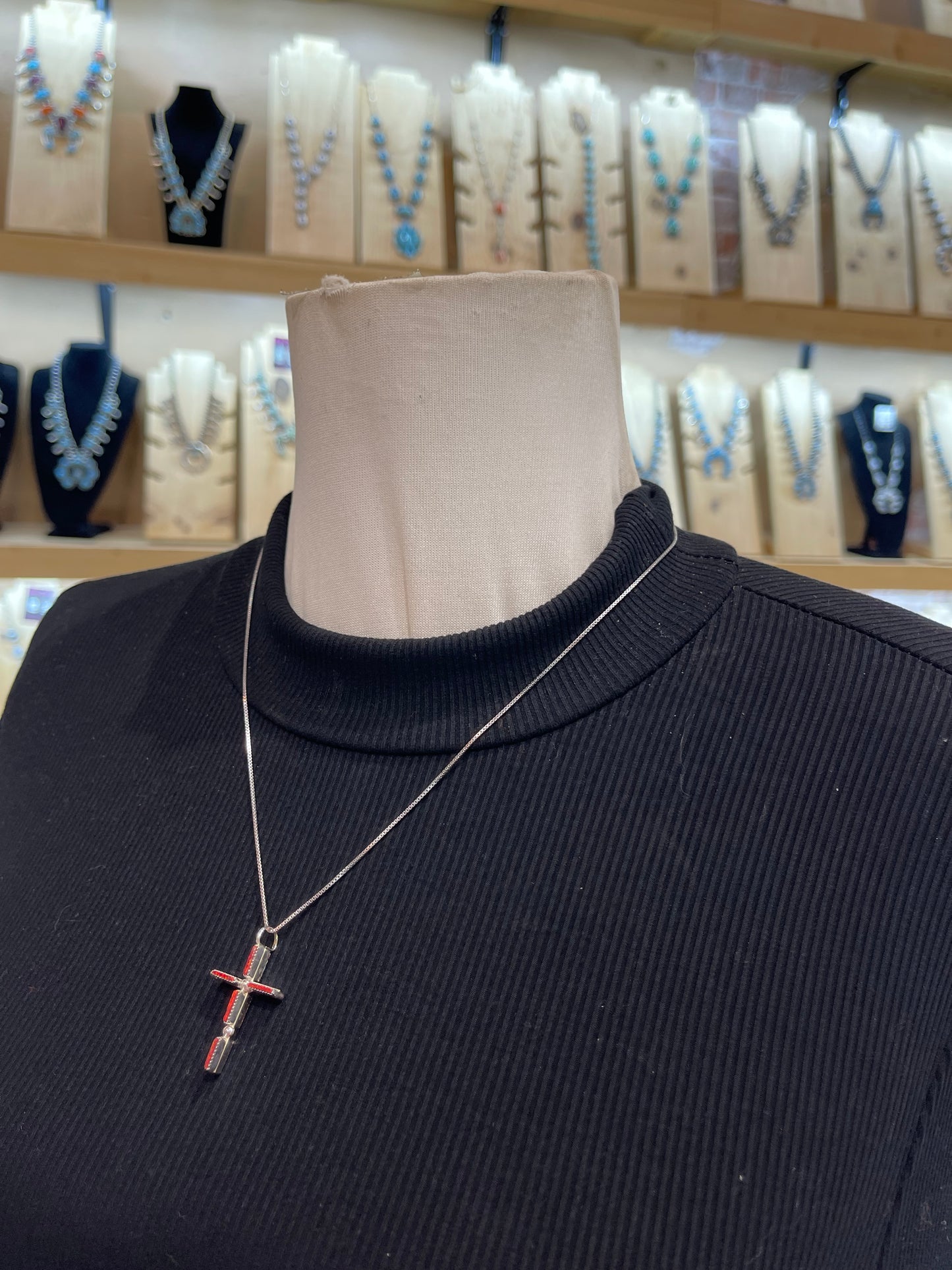 20" Hot Pink & Red Opal Reversible Needlepoint Cross Necklace by Ashley Laate, Zuni
