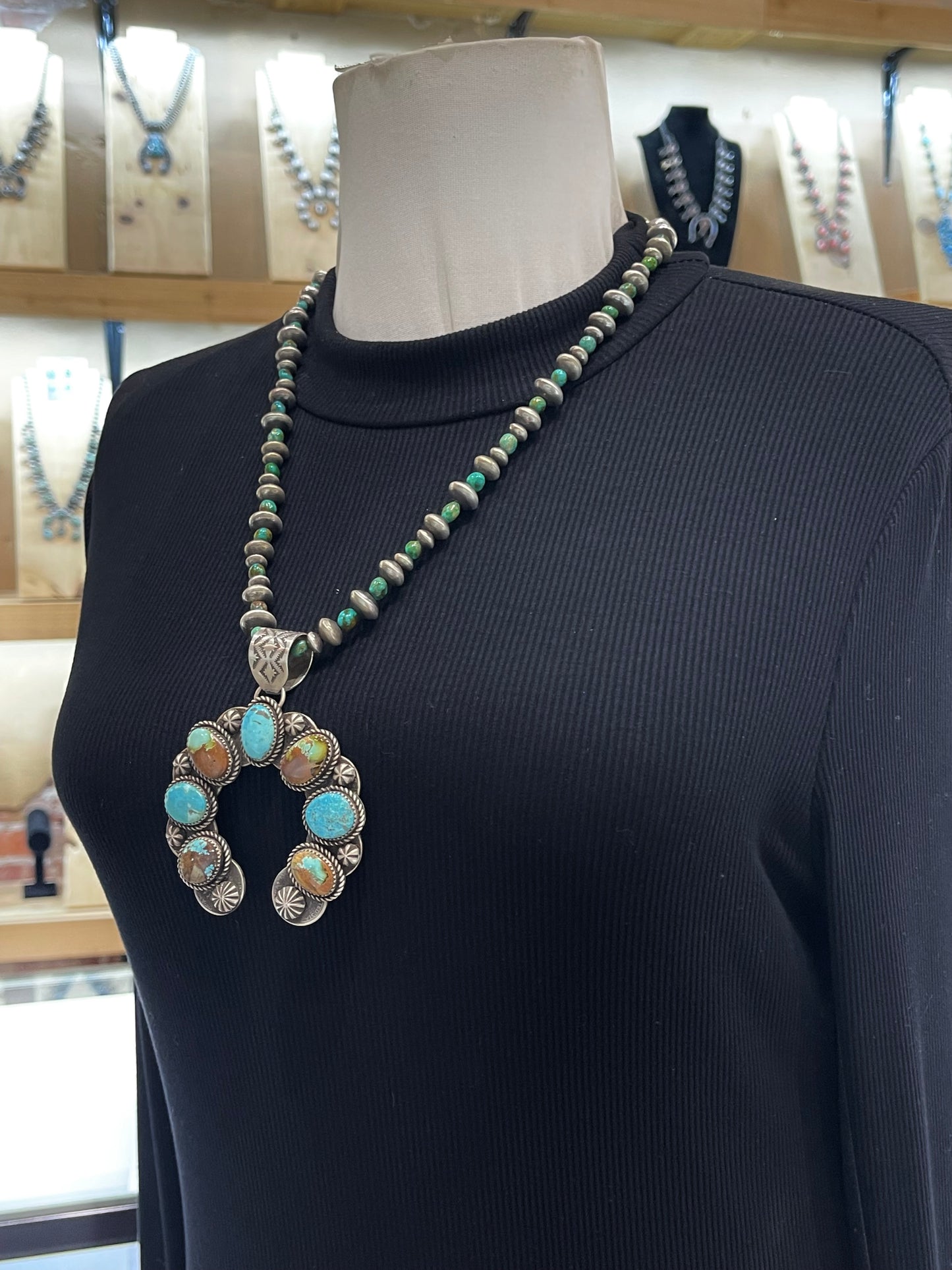 24” Handmade Navajo Pearls Reversible 11mm Bail Mercury Dimes Turquoise Naja Pendant by James Begay, Jr., Navajo