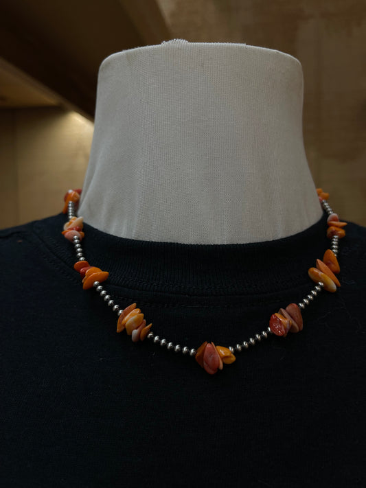 16" 3mm Navajo Pearls and Orange Spiny Oyster Nugget Necklace