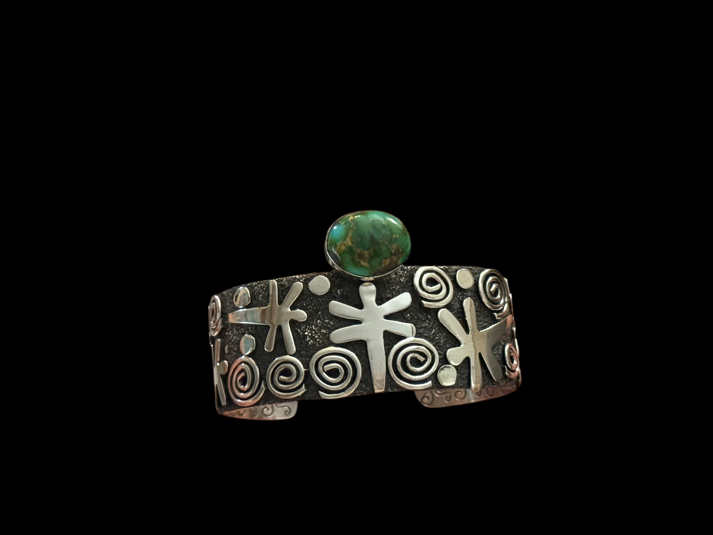 Dragonfly and Spiral Petroglyph Cuff with Sonoran Gold Turquoise by Alex Sanchez, Navajo (medium width)