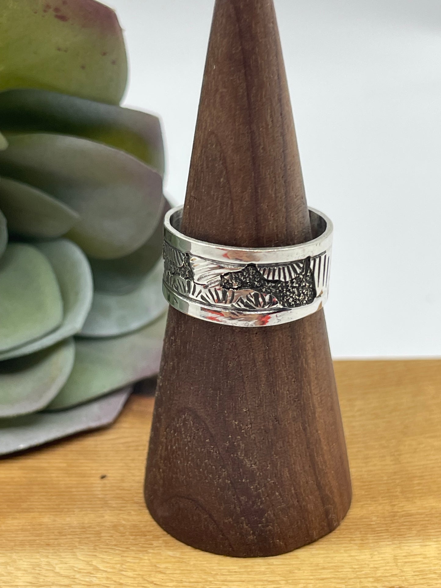9.0 Silver Overlay Storyteller Ring by Elaine Becenti, Navajo