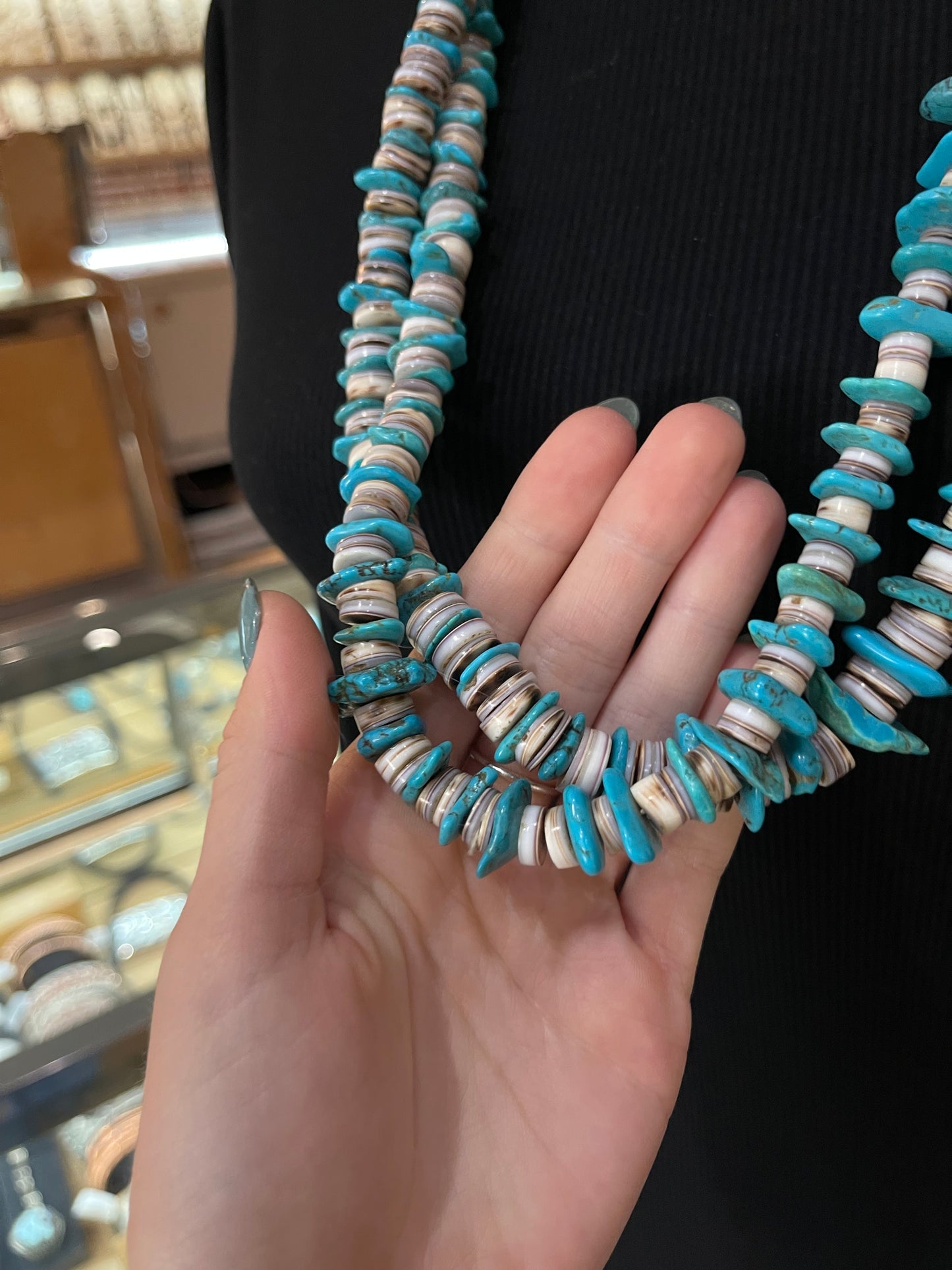 Vintage 30" 2 Strand Turquoise and Wampum Shell Necklace, Santo Domingo