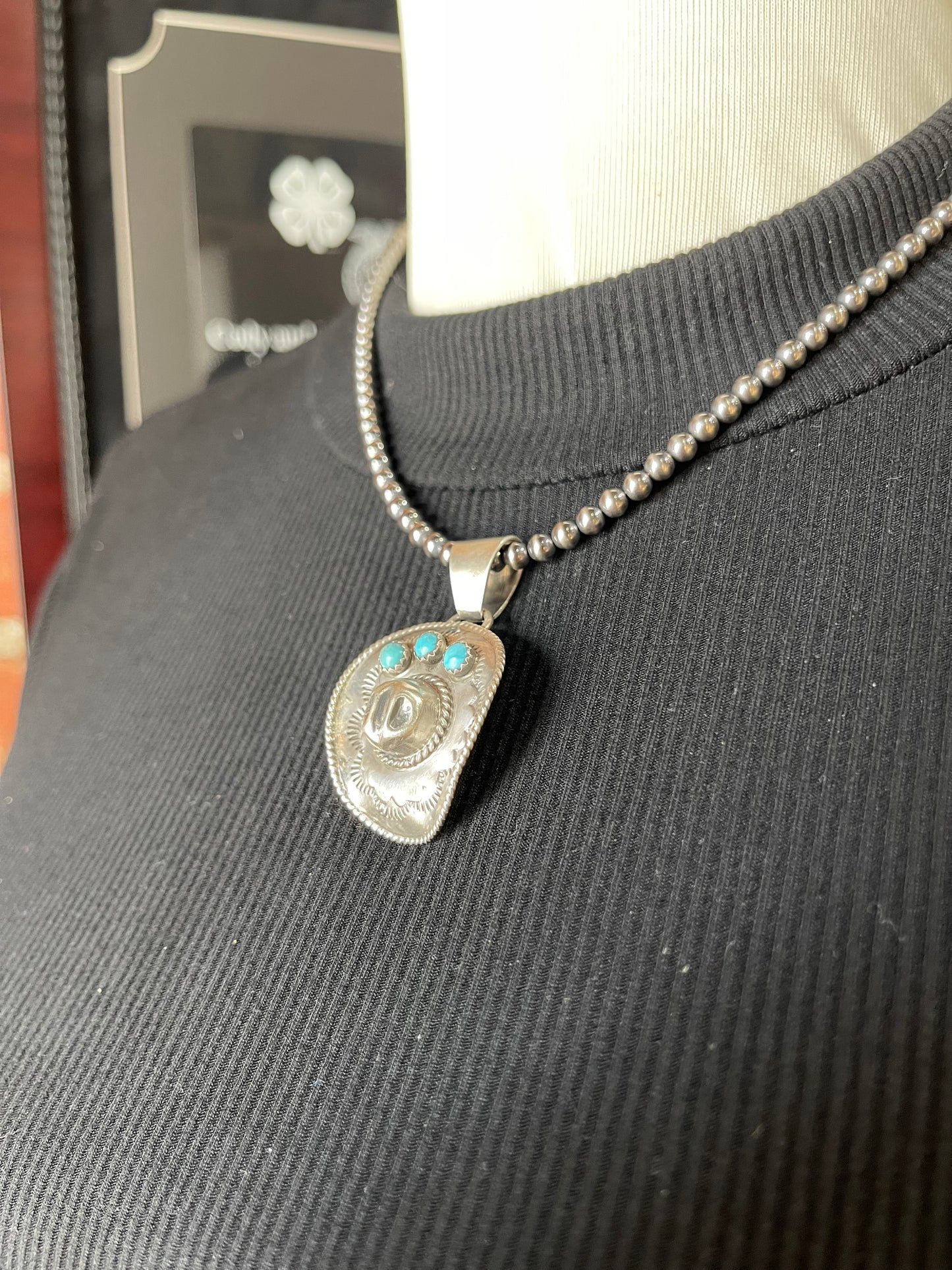 Cowboy Hat Pendant by Bobby Plateno, Navajo, with 18" 4 mm Navajo Pearls