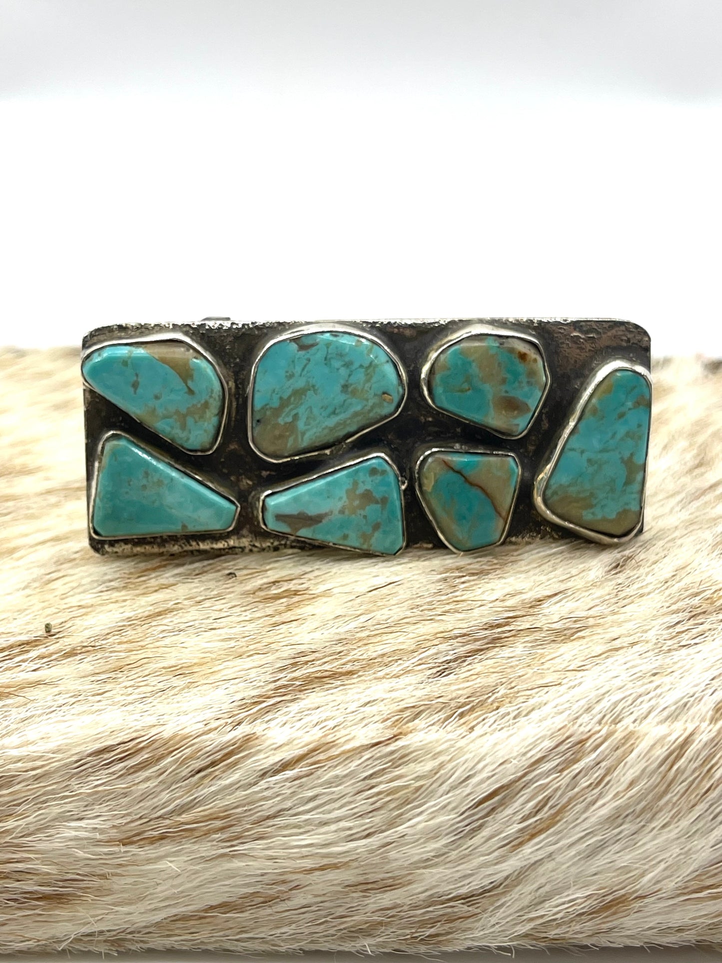 7 Stone Kingman Turquoise Belt Buckle 2.5"x1" by Jude Candelaria, Zuni