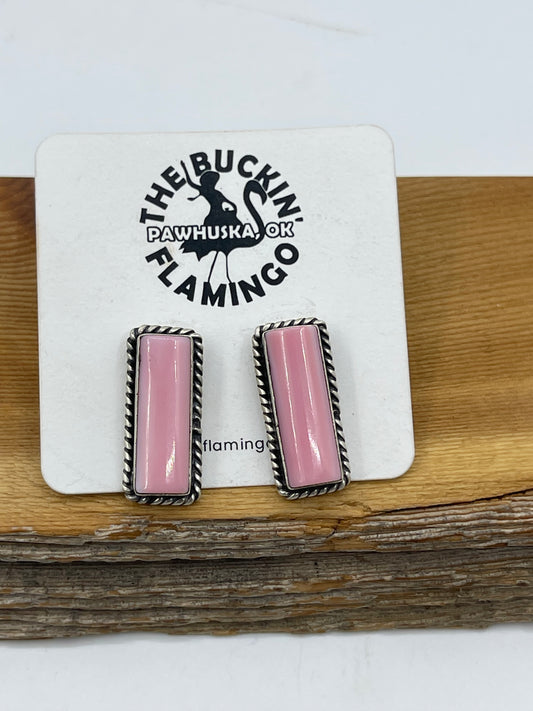 Rectangle Pink Conch Shell Post Earrings by Judith Dixon, Navajo