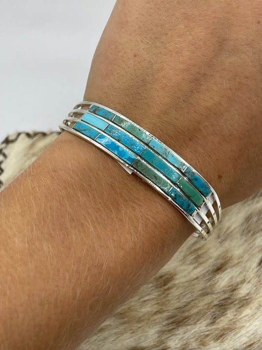6 1/4" 3 Row Inlay Turquoise Cuff by Jamie Johnson, Navajo