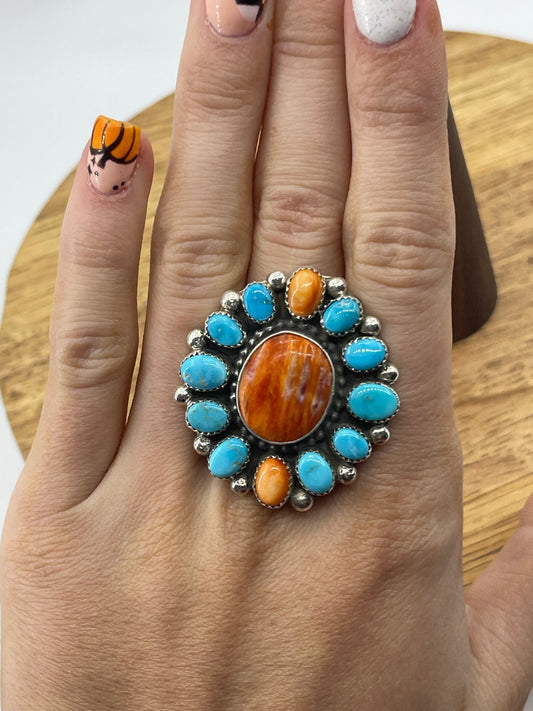 Adjustable Turquoise and Orange Spiny Cluster Ring