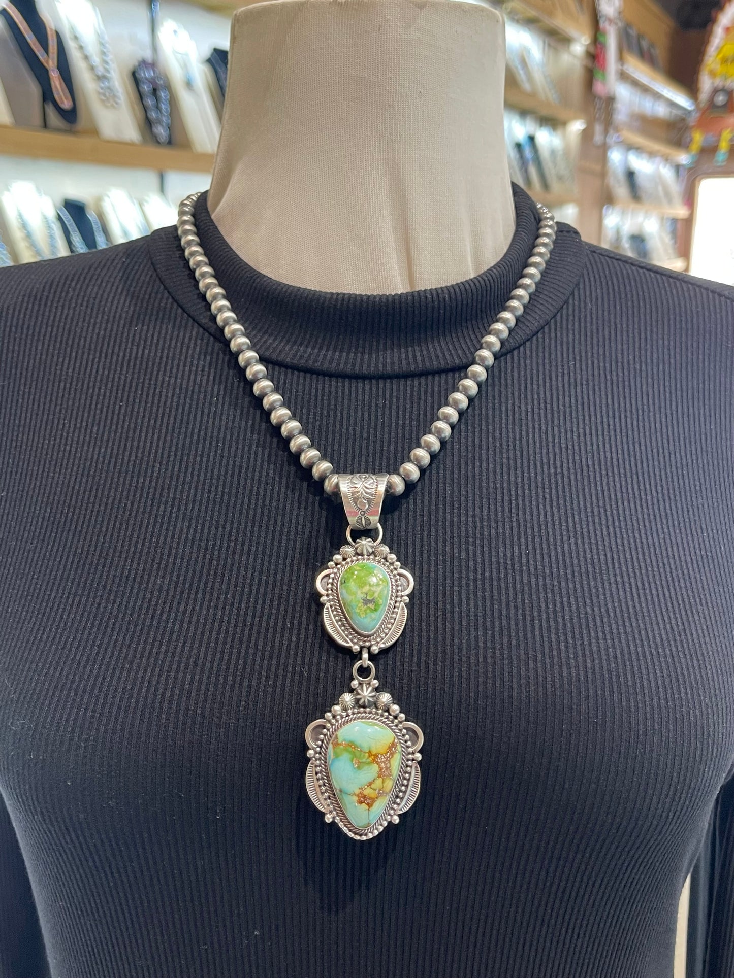 Sonoran Gold Turquoise 2 Stone Pendant on 7mm 20" Pearls by Tom Lewis, Navajo
